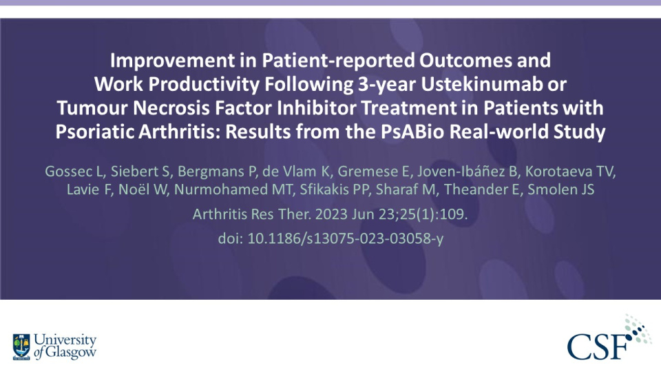 Publication thumbnail: Improvement in Patient-reported Outcomes and Work Productivity Following 3-year Ustekinumab or Tumour Necrosis Factor Inhibitor Treatment in Patients with Psoriatic Arthritis: Results from the PsABio Real-world Study