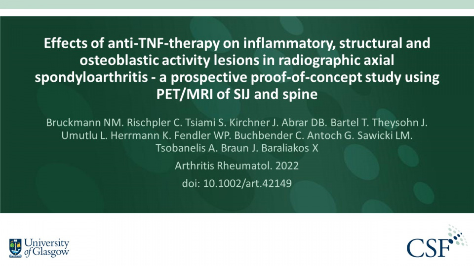 Publication thumbnail: Effects of anti-TNF-therapy on inflammatory, structural and osteoblastic activity lesions in radiographic axial spondyloarthritis - a prospective proof-of-concept study using PET/MRI of SIJ and spine