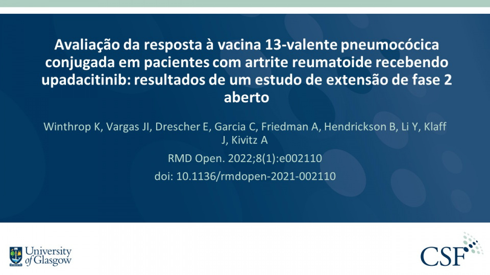 Publication thumbnail: Avaliação da resposta à vacina 13-valente pneumocócica conjugada em pacientes com artrite reumatoide recebendo upadacitinib: resultados de um estudo de extensão de fase 2 aberto