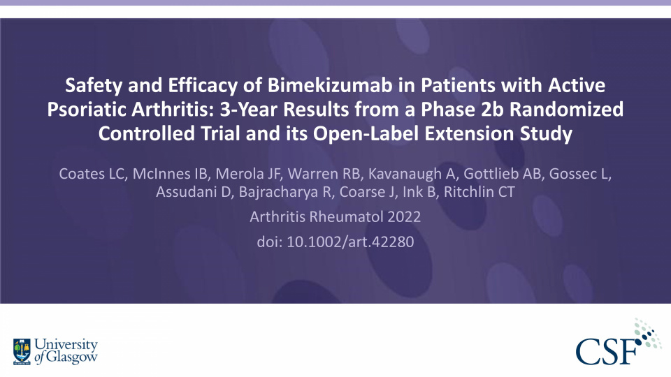Publication thumbnail: Safety and Efficacy of Bimekizumab in Patients with Active Psoriatic Arthritis: 3-Year Results from a Phase 2b Randomized Controlled Trial and its Open-Label Extension Study
