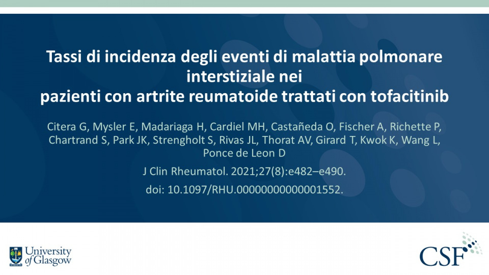 Publication thumbnail: Tassi di incidenza degli eventi di malattia polmonare interstiziale nei pazienti con artrite reumatoide trattati con tofacitinib