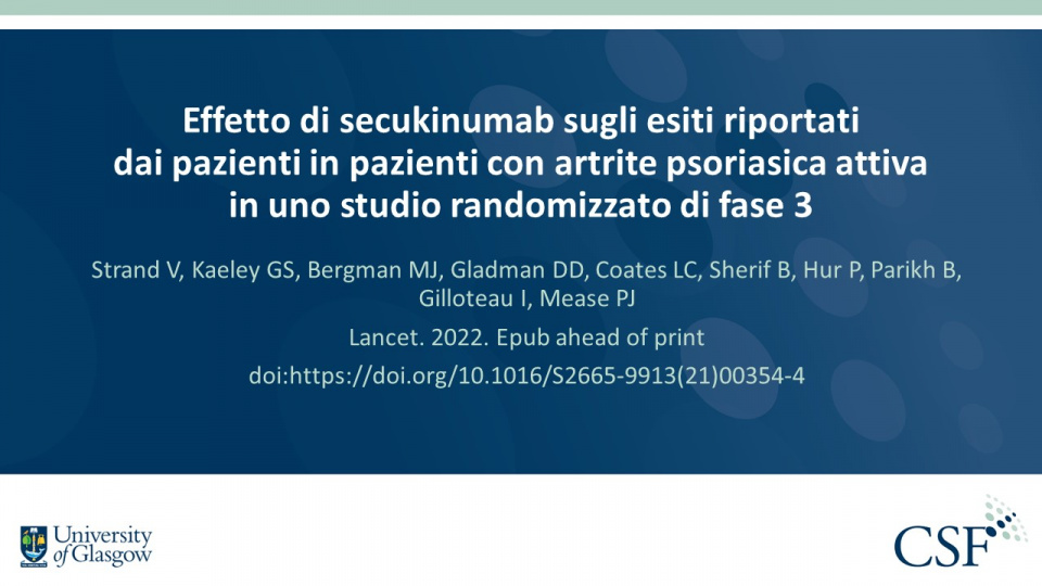 Publication thumbnail: Effetto di secukinumab sugli esiti riportati dai pazienti in pazienti con artrite psoriasica attiva in uno studio randomizzato di fase 3