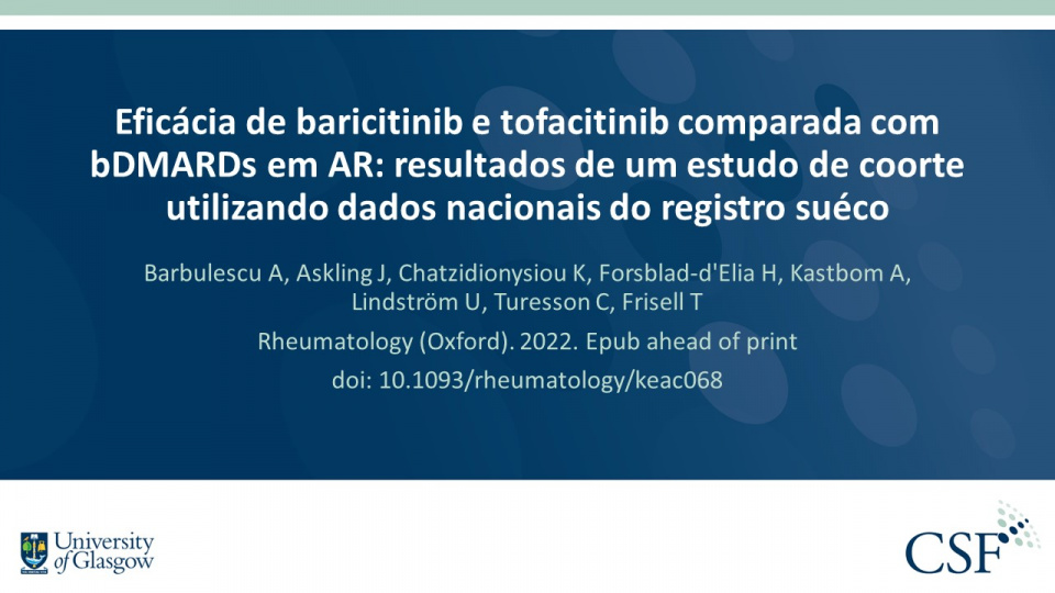 Publication thumbnail: Eficácia de baricitinib e tofacitinib comparada com bDMARDs em AR: resultados de um estudo de coorte utilizando dados nacionais do registro suéco