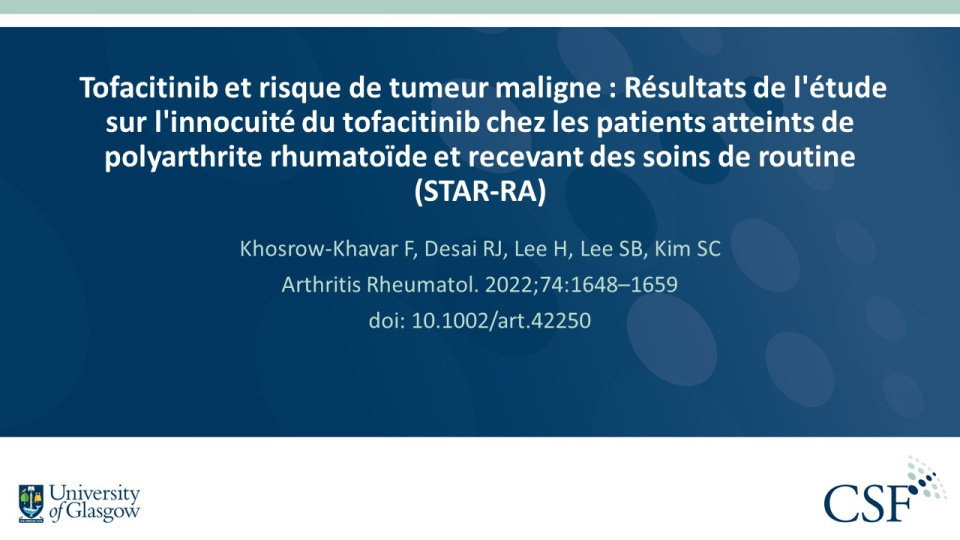 Publication thumbnail: Tofacitinib et risque de tumeur maligne : Résultats de l'étude sur l'innocuité du tofacitinib chez les patients atteints de polyarthrite rhumatoïde et recevant des soins de routine (STAR-RA)