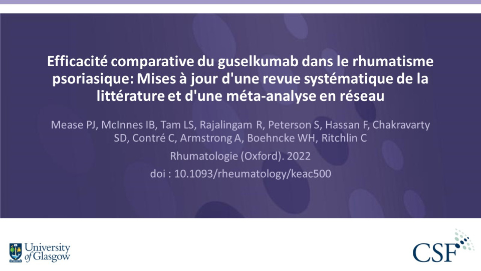 Publication thumbnail: Efficacité comparative du guselkumab dans le rhumatisme psoriasique: Mises à jour d'une revue systématique de la littérature et d'une méta-analyse en réseau