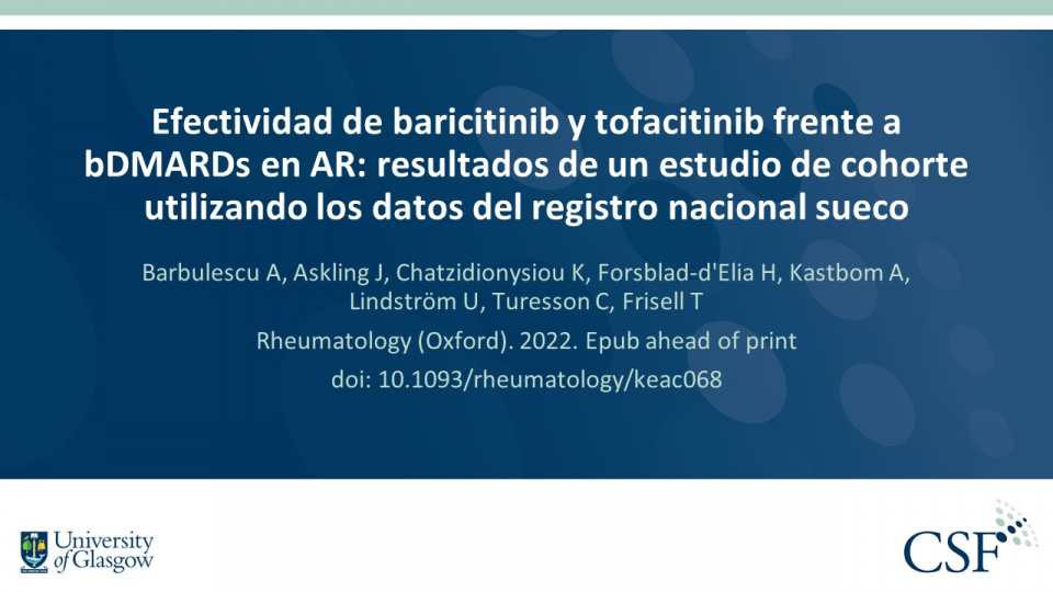 Publication thumbnail: Efectividad de baricitinib y tofacitinib frente a bDMARDs en AR: resultados de un estudio de cohorte utilizando los datos del registro nacional sueco