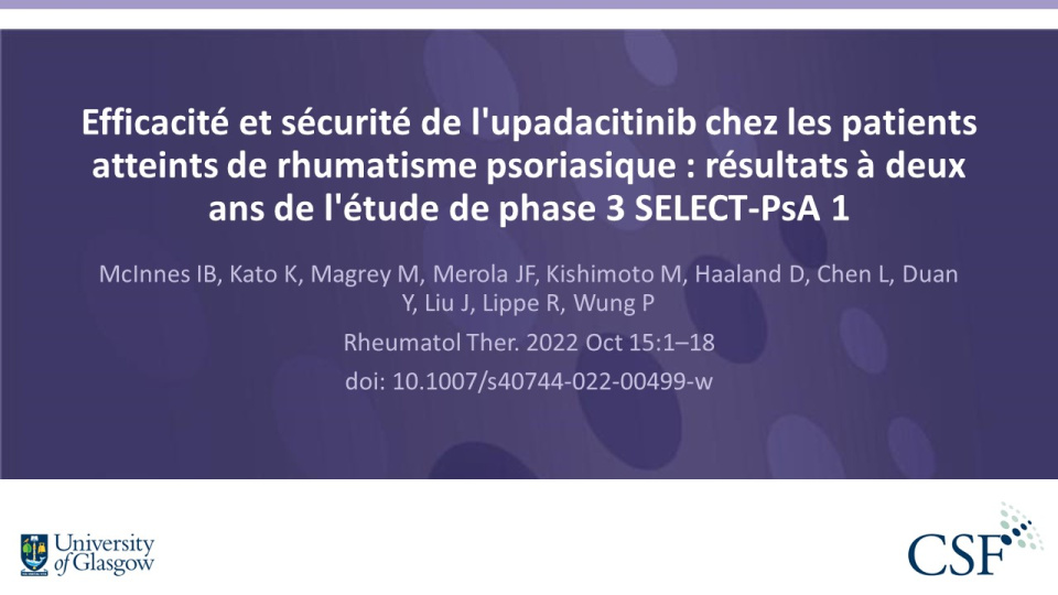 Publication thumbnail: Efficacité et sécurité de l'upadacitinib chez les patients atteints de rhumatisme psoriasique : résultats à deux ans de l'étude de phase 3 SELECT-PsA 1