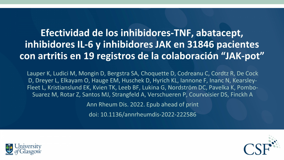 Publication thumbnail: Efectividad de los inhibidores-TNF, abatacept, inhibidores IL-6 y inhibidores JAK en 31846 pacientes con artritis en 19 registros de la colaboración “JAK-pot”
