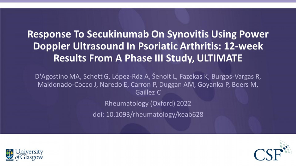 Publication thumbnail: Response to secukinumab on synovitis using Power Doppler ultrasound in psoriatic arthritis: 12-week results from a phase III study, ULTIMATE