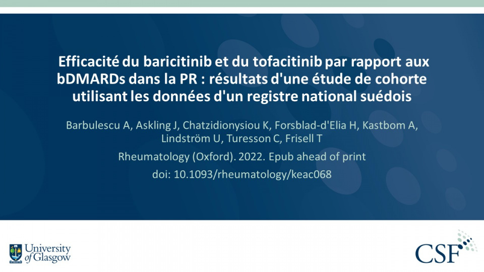 Publication thumbnail: Efficacité du baricitinib et du tofacitinib par rapport aux bDMARDs dans la PR : résultats d'une étude de cohorte utilisant les données d'un registre national suédois