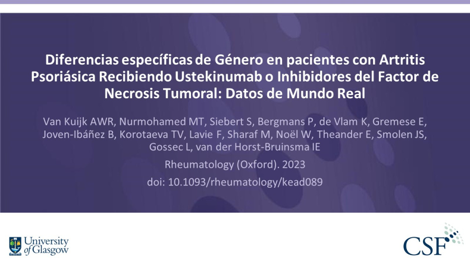 Publication thumbnail: Diferencias específicas de Género en pacientes con Artritis Psoriásica Recibiendo Ustekinumab o Inhibidores del Factor de Necrosis Tumoral: Datos de Mundo Real