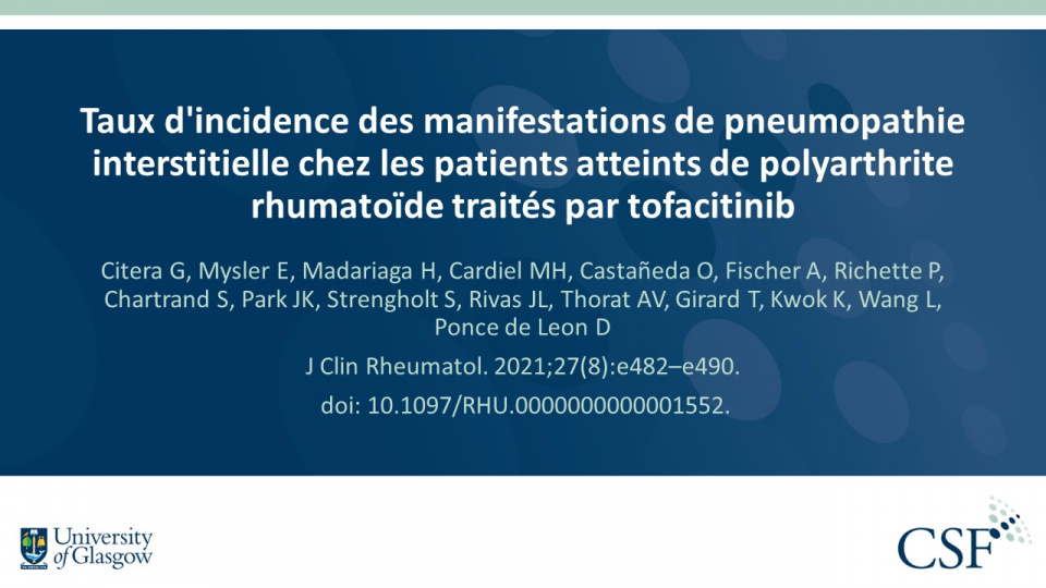 Publication thumbnail: Taux d'incidence des manifestations de pneumopathie interstitielle chez les patients atteints de polyarthrite rhumatoïde traités par tofacitinib