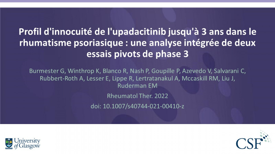 Publication thumbnail: Profil d'innocuité de l'upadacitinib jusqu'à 3 ans dans le  rhumatisme psoriasique : une analyse intégrée de deux  essais pivots de phase 3