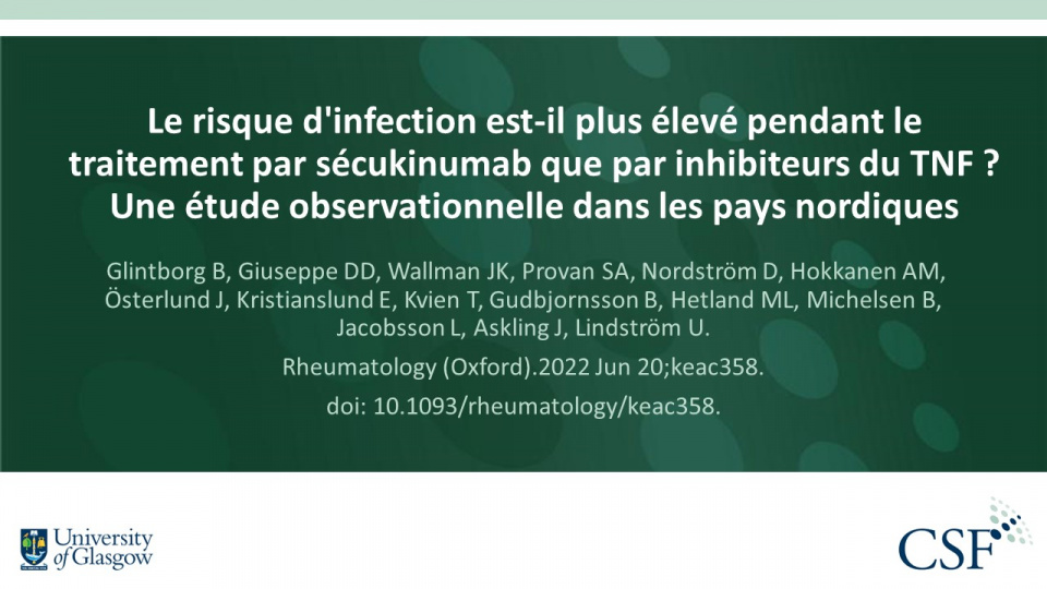 Publication thumbnail: Le risque d'infection est-il plus élevé pendant le traitement par sécukinumab que par inhibiteurs du TNF ? Une étude observationnelle dans les pays nordiques