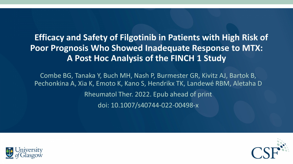 Publication thumbnail: Efficacy and Safety of Filgotinib in Patients with High Risk of Poor Prognosis Who Showed Inadequate Response to MTX:  A Post Hoc Analysis of the FINCH 1 Study