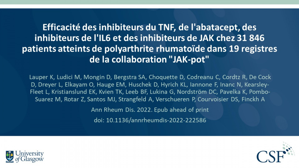 Publication thumbnail: Efficacité des inhibiteurs du TNF, de l'abatacept, des inhibiteurs de l'IL6 et des inhibiteurs de JAK chez 31 846 patients atteints de polyarthrite rhumatoïde dans 19 registres de la collaboration "JAK-pot"