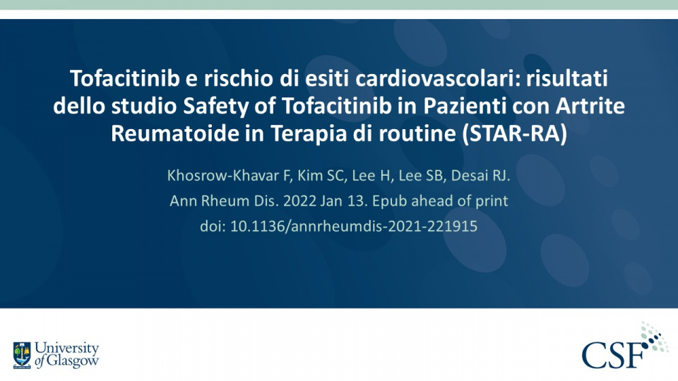 Publication thumbnail: Tofacitinib e rischio di esiti cardiovascolari: risultati dello studio Safety of Tofacitinib in Pazienti con Artrite Reumatoide in Terapia di routine (STAR-RA)