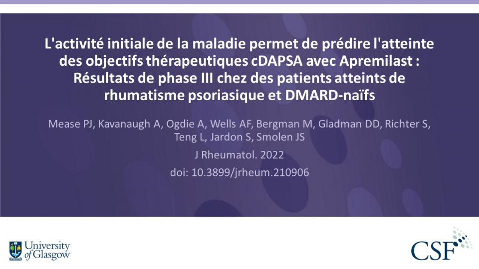 Publication thumbnail: L'activité initiale de la maladie permet de prédire l'atteinte des objectifs thérapeutiques cDAPSA avec Apremilast : Résultats de phase III chez des patients atteints de rhumatisme psoriasique et DMARD-naïfs