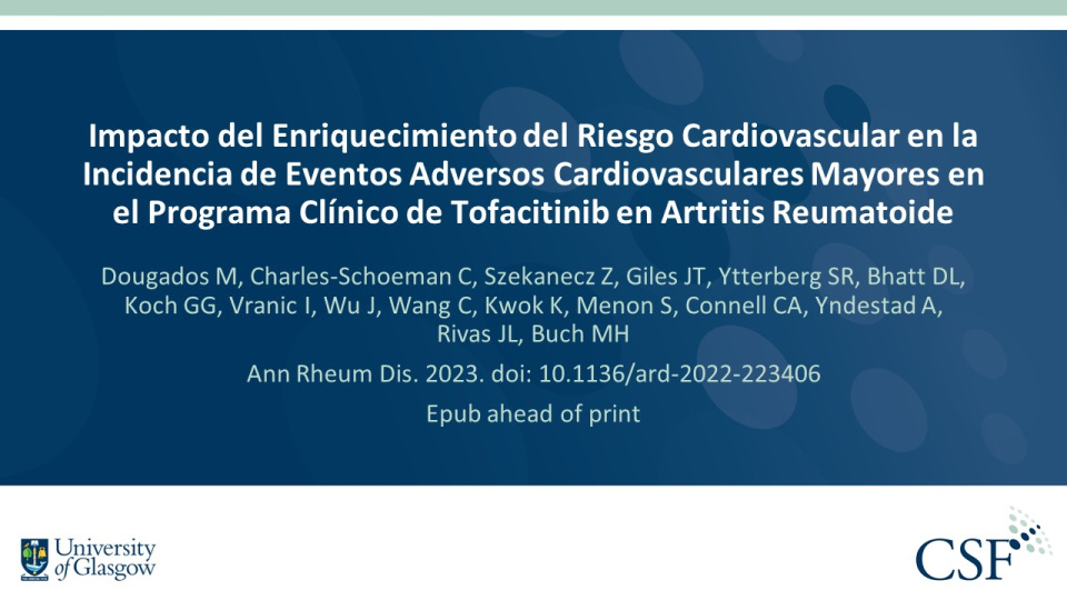 Publication thumbnail: Impacto del Enriquecimiento del Riesgo Cardiovascular en la Incidencia de Eventos Adversos Cardiovasculares Mayores en el Programa Clínico de Tofacitinib en Artritis Reumatoide