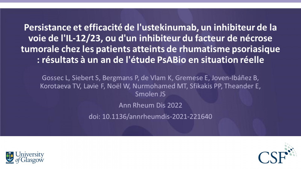Publication thumbnail: Persistance et efficacité de l'ustekinumab, un inhibiteur de la  voie de l'IL-12/23, ou d'un inhibiteur du facteur de nécrose  tumorale chez les patients atteints de rhumatisme psoriasique  : résultats à un an de l'étude PsABio en situation réelle