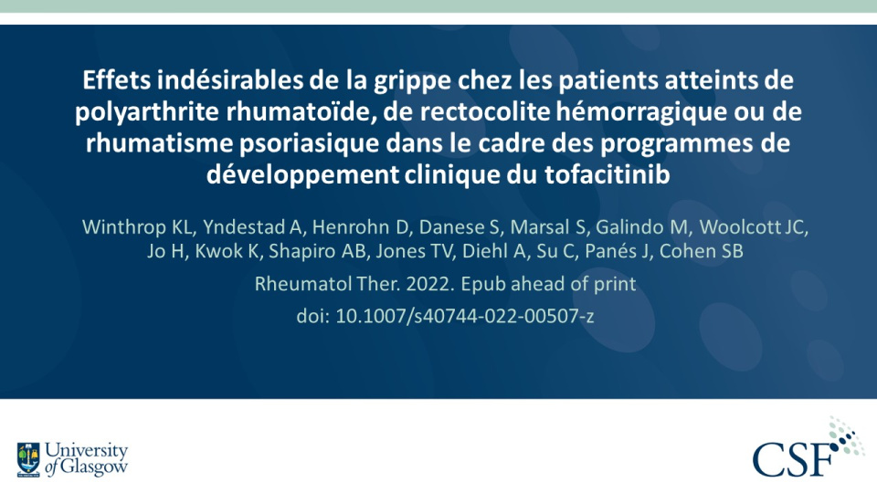 Publication thumbnail: Effets indésirables de la grippe chez les patients atteints de polyarthrite rhumatoïde, de rectocolite hémorragique ou de rhumatisme psoriasique dans le cadre des programmes de développement clinique du tofacitinib