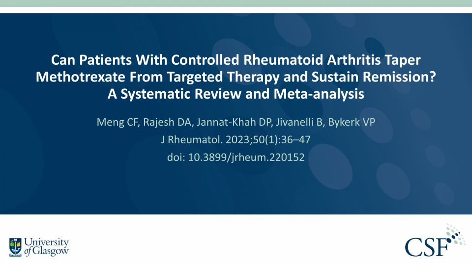 Publication thumbnail: Can Patients with Controlled Rheumatoid Arthritis Taper Methotrexate From Targeted Therapy and Sustain Remission? A Systematic Review and Meta-analysis