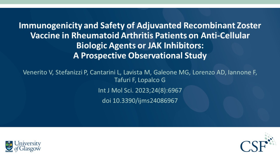 Publication thumbnail: Immunogenicity and Safety of Adjuvanted Recombinant Zoster Vaccine in Rheumatoid Arthritis Patients on Anti-Cellular Biologic Agents or JAK Inhibitors: A Prospective Observational Study