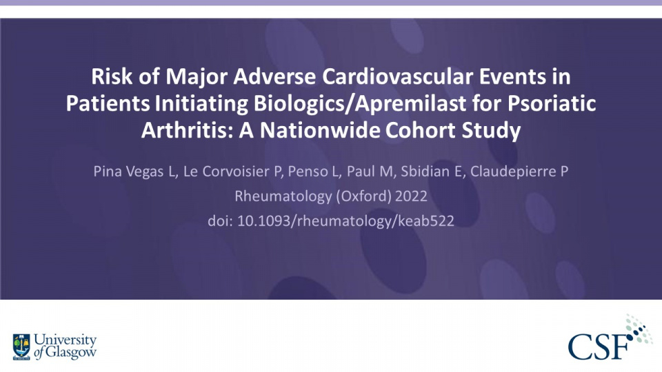 Publication thumbnail: Risk of major adverse cardiovascular events in patients initiating biologics/apremilast for psoriatic arthritis: a nationwide cohort study