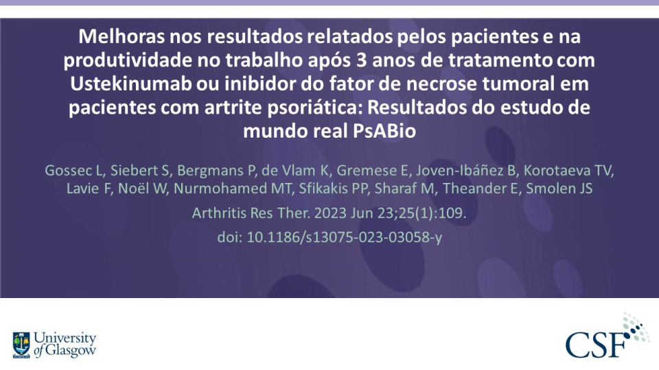 Publication thumbnail: Melhoras nos resultados relatados pelos pacientes e na produtividade no trabalho após 3 anos de tratamento com Ustekinumab ou inibidor do fator de necrose tumoral em pacientes com artrite psoriática: Resultados do estudo de mundo real PsABio