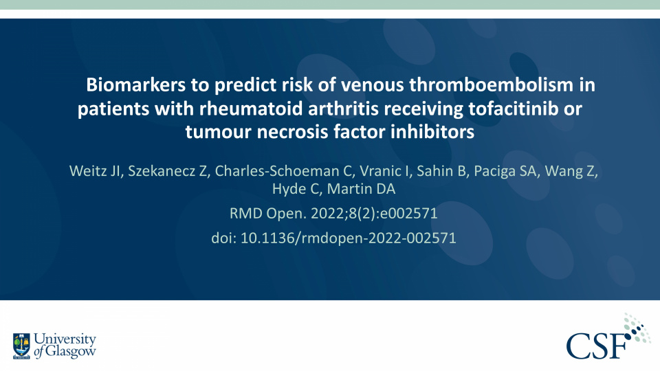Publication thumbnail: Biomarkers to predict risk of venous thromboembolism in patients with rheumatoid arthritis receiving tofacitinib or tumour necrosis factor inhibitors
