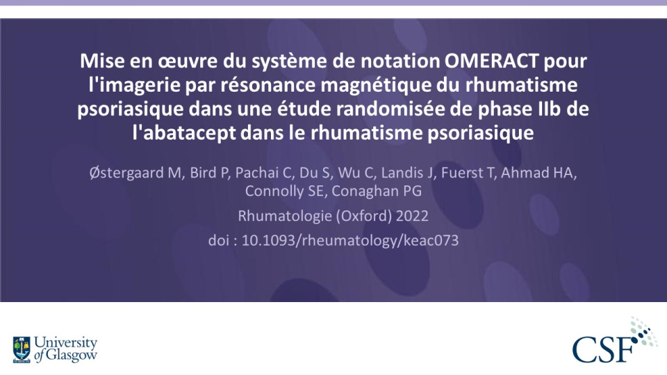 Publication thumbnail: Mise en œuvre du système de notation OMERACT pour l'imagerie par résonance magnétique du rhumatisme psoriasique dans une étude randomisée de phase IIb de l'abatacept dans le rhumatisme psoriasique