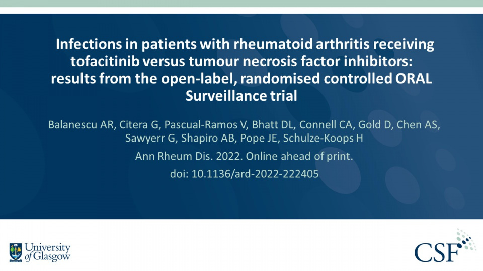 Publication thumbnail: Infections in patients with rheumatoid arthritis receiving tofacitinib versus tumour necrosis factor inhibitors:  results from the open-label, randomised controlled ORAL Surveillance trial