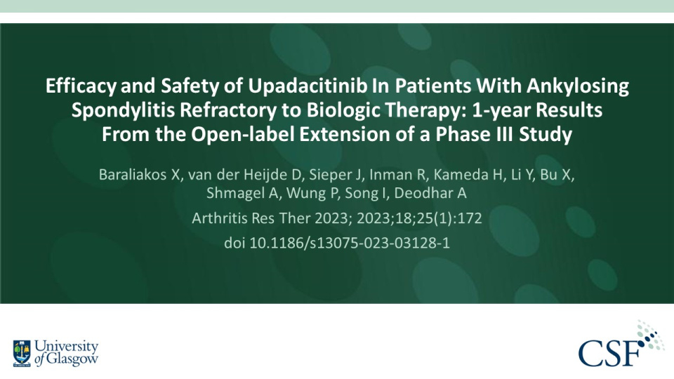 Publication thumbnail: Efficacy and Safety of Upadacitinib in Patients with Ankylosing Spondylitis Refractory to Biologic Therapy: 1-year Results  From the Open-label Extension of a Phase III Study