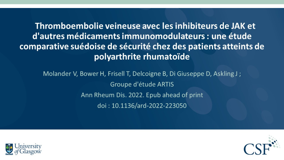 Publication thumbnail: Thromboembolie veineuse avec les inhibiteurs de JAK et d'autres médicaments immunomodulateurs : une étude comparative suédoise de sécurité chez des patients atteints de polyarthrite rhumatoïde