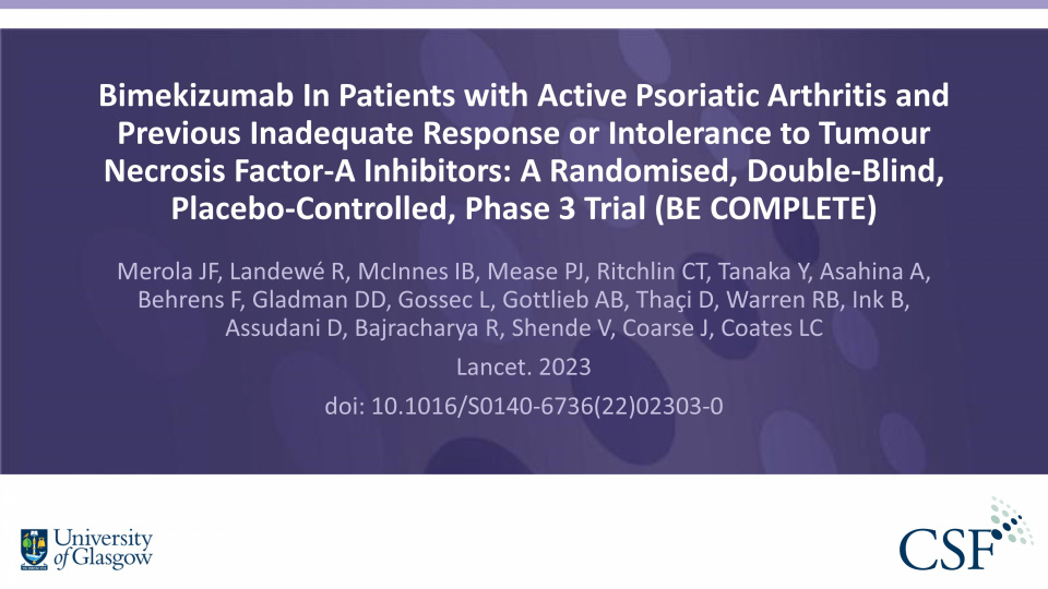 Publication thumbnail: Bimekizumab In Patients with Active Psoriatic Arthritis and Previous Inadequate Response or Intolerance to Tumour Necrosis Factor-Α Inhibitors: A Randomised, Double-Blind, Placebo-Controlled, Phase 3 Trial