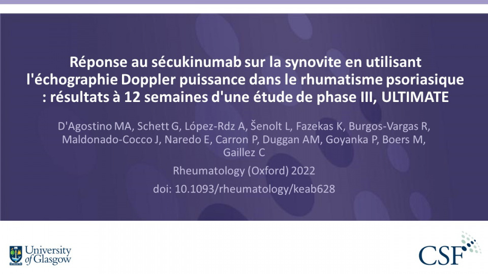 Publication thumbnail: Réponse au sécukinumab sur la synovite en utilisant  l'échographie Doppler puissance dans le rhumatisme psoriasique  : résultats à 12 semaines d'une étude de phase III, ULTIMATE