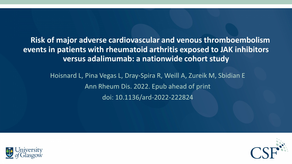 Publication thumbnail: Risk of major adverse cardiovascular and venous thromboembolism events in patients with rheumatoid arthritis exposed to JAK inhibitors versus adalimumab: a nationwide cohort study