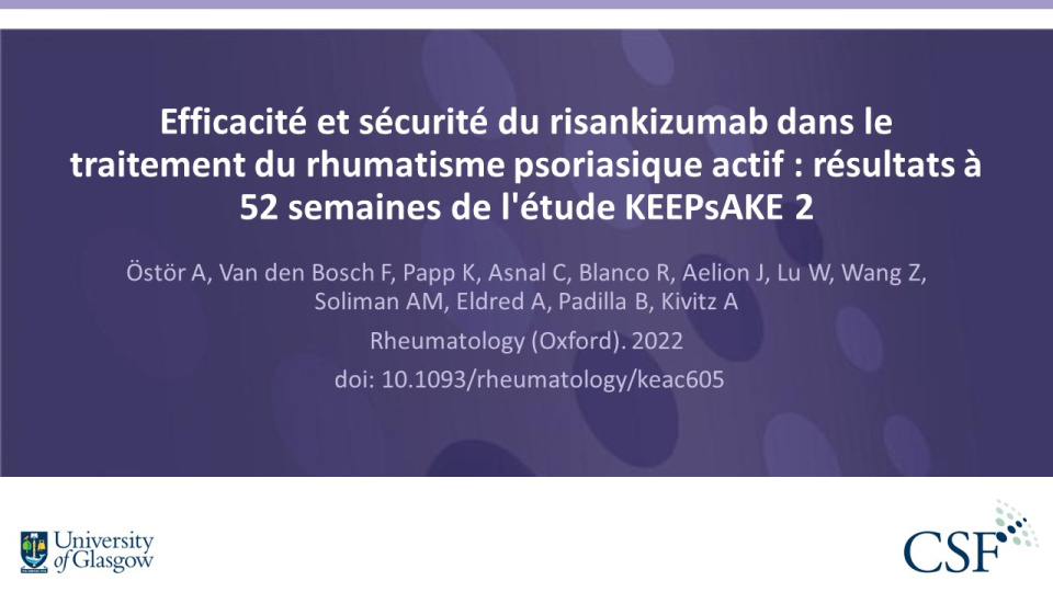 Publication thumbnail: Efficacité et sécurité du risankizumab dans le traitement du rhumatisme psoriasique actif : résultats à 52 semaines de l'étude KEEPsAKE 2