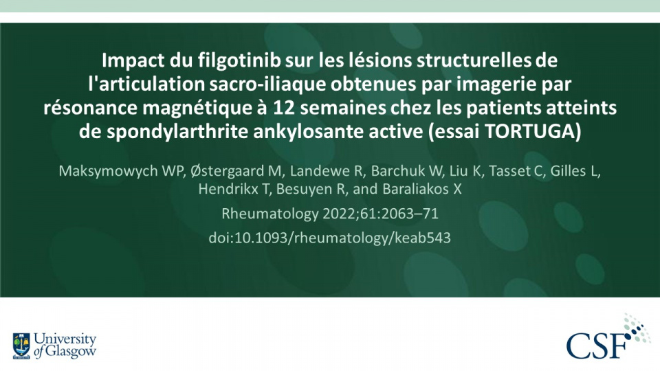 Publication thumbnail: Impact du filgotinib sur les lésions structurelles de  l'articulation sacro-iliaque obtenues par imagerie par  résonance magnétique à 12 semaines chez les patients atteints  de spondylarthrite ankylosante active (essai TORTUGA)