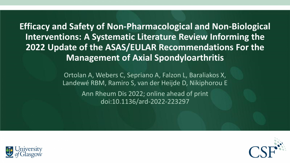 Publication thumbnail: Efficacy and Safety of Non-Pharmacological and Non-Biological Interventions: A Systematic Literature Review Informing the 2022 Update of the ASAS/EULAR Recommendations for the Management of AxSpA