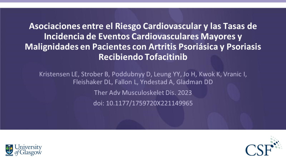 Publication thumbnail: Asociaciones entre el Riesgo Cardiovascular y las Tasas de Incidencia de Eventos Cardiovasculares Mayores y Malignidades en Pacientes con Artritis Psoriásica y Psoriasis Recibiendo Tofacitinib