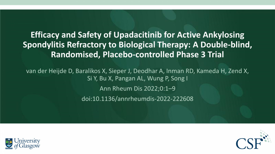 Publication thumbnail: Efficacy and Safety of Upadacitinib for Active Ankylosing Spondylitis Refractory to Biological Therapy: A Double-blind, Randomised, Placebo-controlled Phase 3 Trial