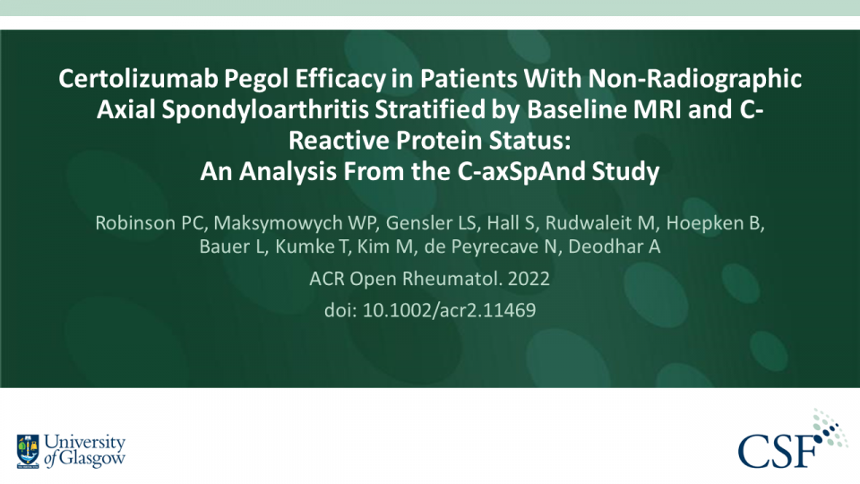 Publication thumbnail: Certolizumab Pegol Efficacy in Patients with Non-Radiographic Axial Spondyloarthritis Stratified by Baseline MRI and C-Reactive Protein Status: An Analysis From the C-axSp And Study