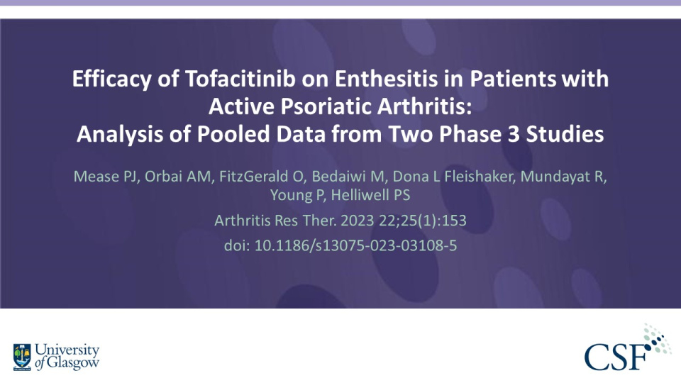 Publication thumbnail: Efficacy of Tofacitinib on Enthesitis in Patients with Active Psoriatic Arthritis: Analysis of Pooled Data from Two Phase 3 Studies