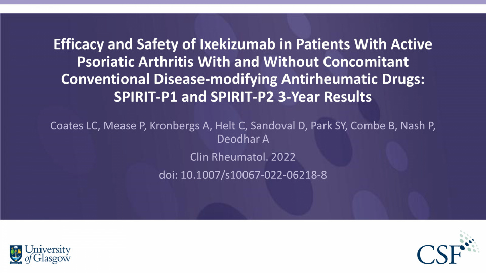 Publication thumbnail: Efficacy and safety of ixekizumab in patients with active psoriatic arthritis with and without concomitant conventional disease‑modifying antirheumatic drugs: SPIRIT‑P1 and SPIRIT‑P2 3‑year results