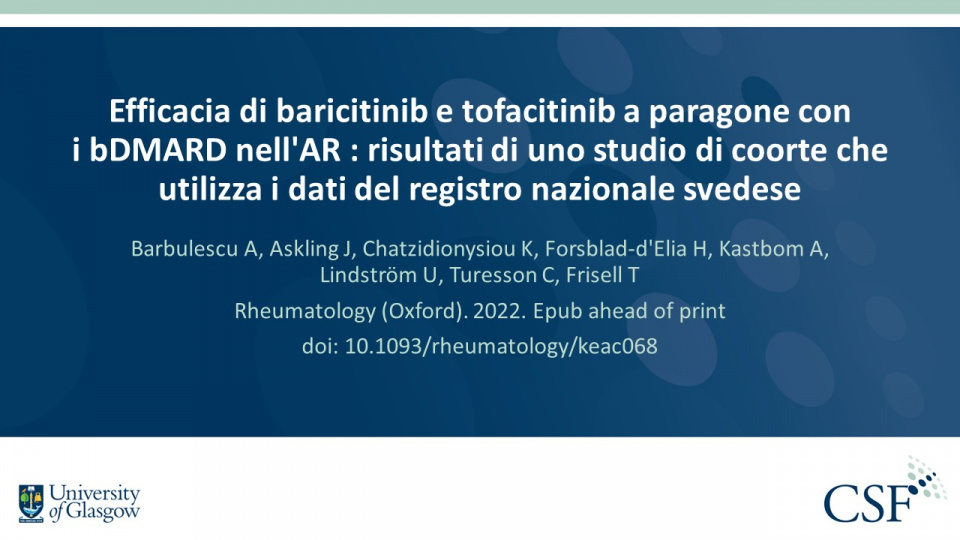 Publication thumbnail: Efficacia di baricitinib e tofacitinib a paragone coni bDMARD nell'AR : risultati di uno studio di coorte che utilizza i dati del registro nazionale svedese