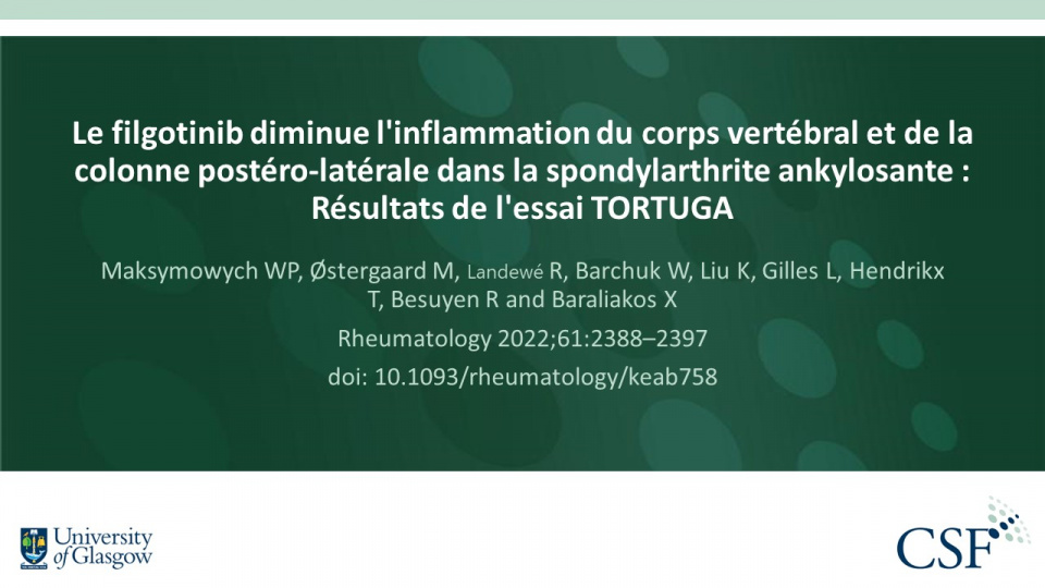 Publication thumbnail: Le filgotinib diminue l'inflammation du corps vertébral et de la colonne postéro-latérale dans la spondylarthrite ankylosante : Résultats de l'essai TORTUGA