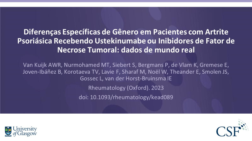 Publication thumbnail: Diferenças Específicas de Gênero em Pacientes com Artrite Psoriásica Recebendo Ustekinumabe ou Inibidores de Fator de Necrose Tumoral: dados de mundo real
