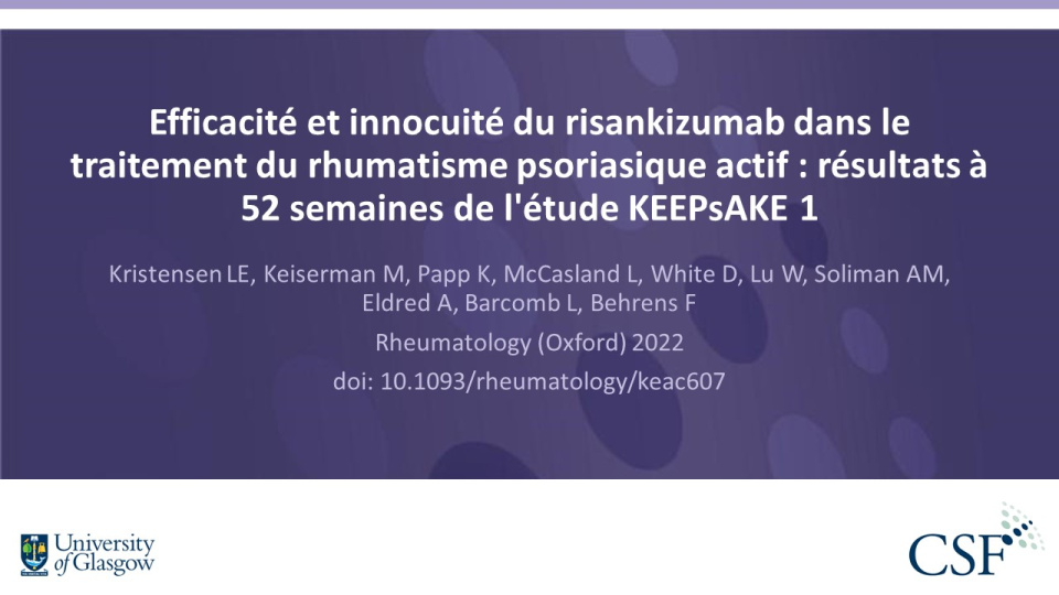 Publication thumbnail: Efficacité et innocuité du risankizumab dans le traitement du rhumatisme psoriasique actif : résultats à 52 semaines de l'étude KEEPsAKE 1