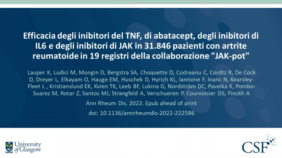 Publication thumbnail: Efficacia degli inibitori del TNF, di abatacept, degli inibitori di IL6 e degli inibitori di JAK in 31.846 pazienti con artrite reumatoide in 19 registri della collaborazione "JAK-pot"